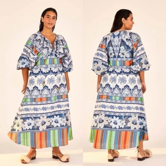 FARM RIO BLUE PALMS BALLOON SLEEVE DRESS SIZE MEDIUM NEW with TAGS - Picture 6 of 16